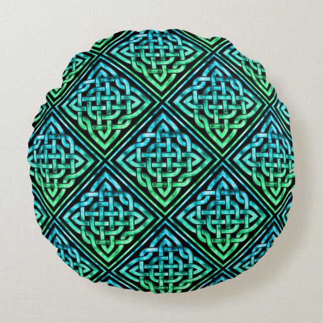 Celtic Knot - Diamond Blue Green Rundes Kissen (Vorderseite)