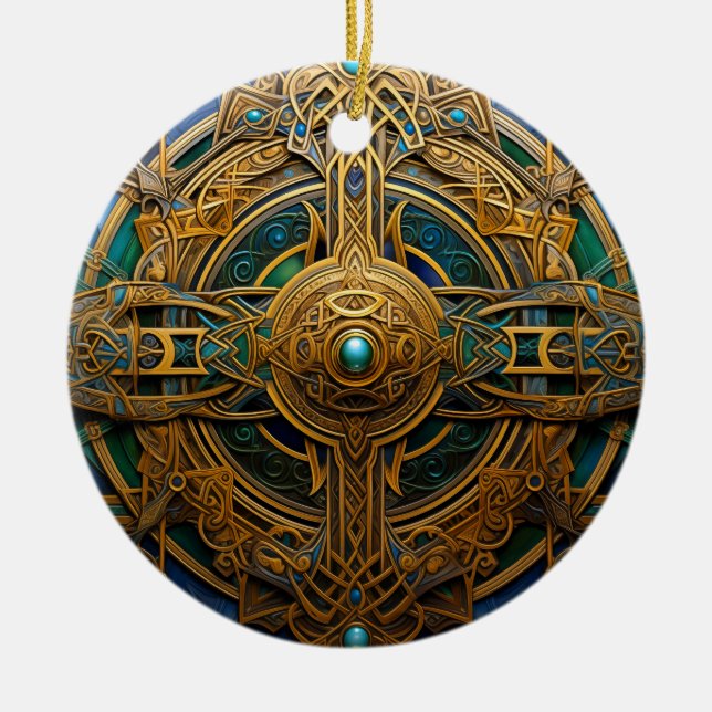 Celtic Knot Green Gold Knüpfarbeit Keramik Ornament (Vorne)