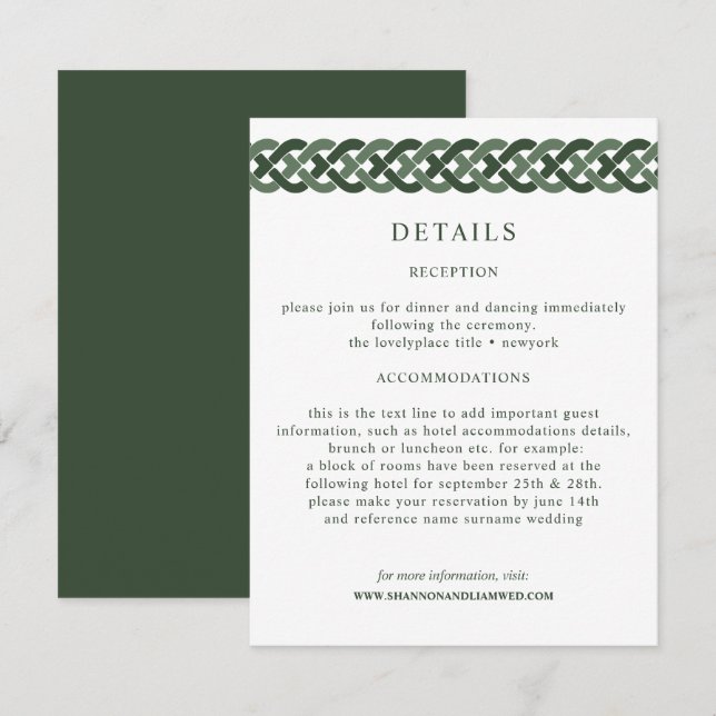 Celtic Knot | Green Wedding Information Guest Begleitkarte (Vorne/Hinten)