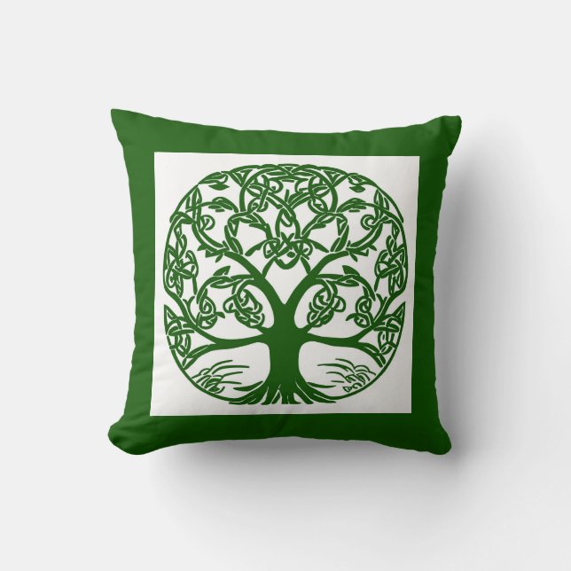 Celtic Knot Tree of Life Green on White Kissen (Vorderseite)