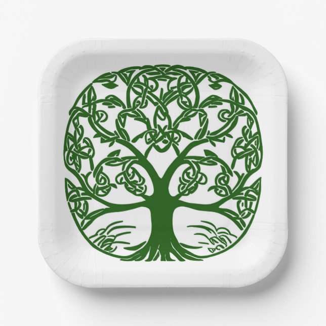 Celtic Knot Tree of Life Green on White Pappteller (Vorderseite)