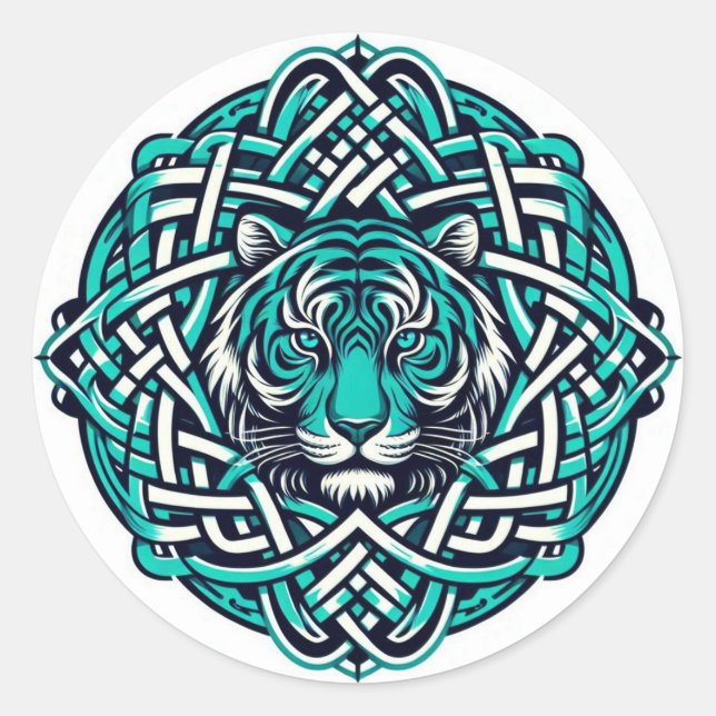Celtic Round Aquamarin Tiger Runder Aufkleber (Vorderseite)