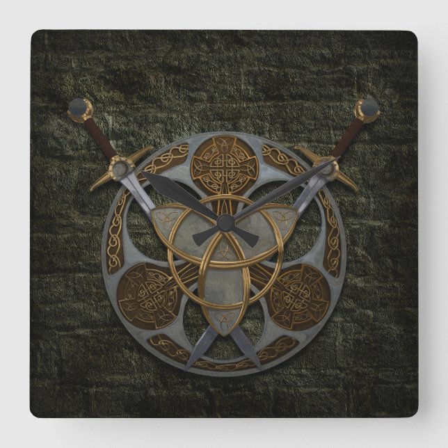 Celtic Shield and Swords Quadratische Wanduhr (Vorderseite)