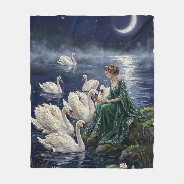 Celtic Swans Moonlit Lake Night Fantasy Art Fleecedecke (Vorderseite)
