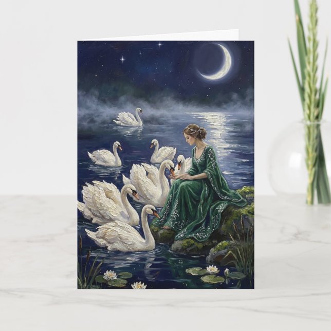Celtic Swans Moonlit Lake Night Fantasy Art Karte (Vorderseite)