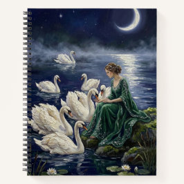 Celtic Swans Moonlit Lake Night Fantasy Art Notizbuch