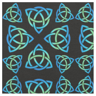 Celtic Triquetra Muster Blues und Green on Black Stoff