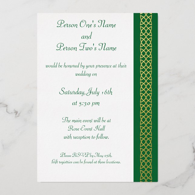 Celtic Weave Hearve in Green Foil Einladung (Vorderseite)