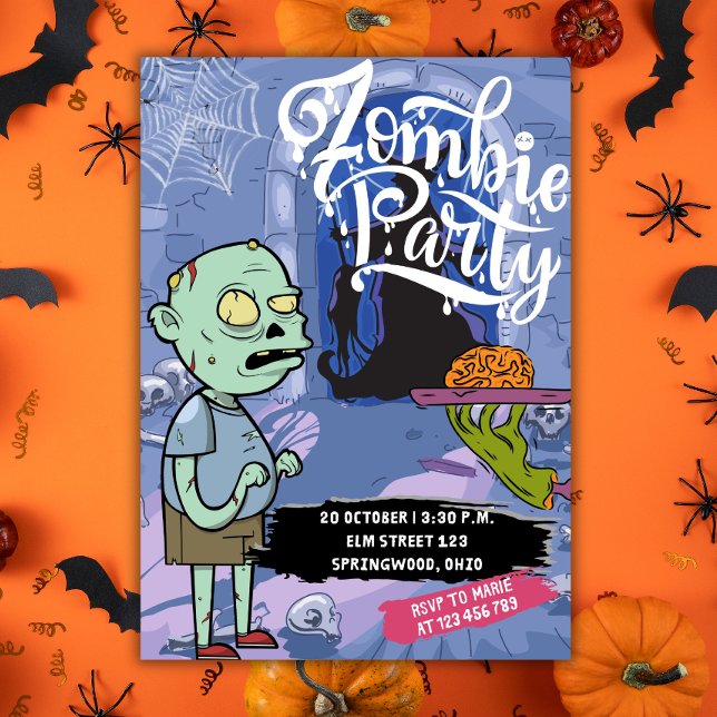Cena de Halloween Fiesta zombie Einladung (zombie invitation, halloween party dinner, brain zombie)