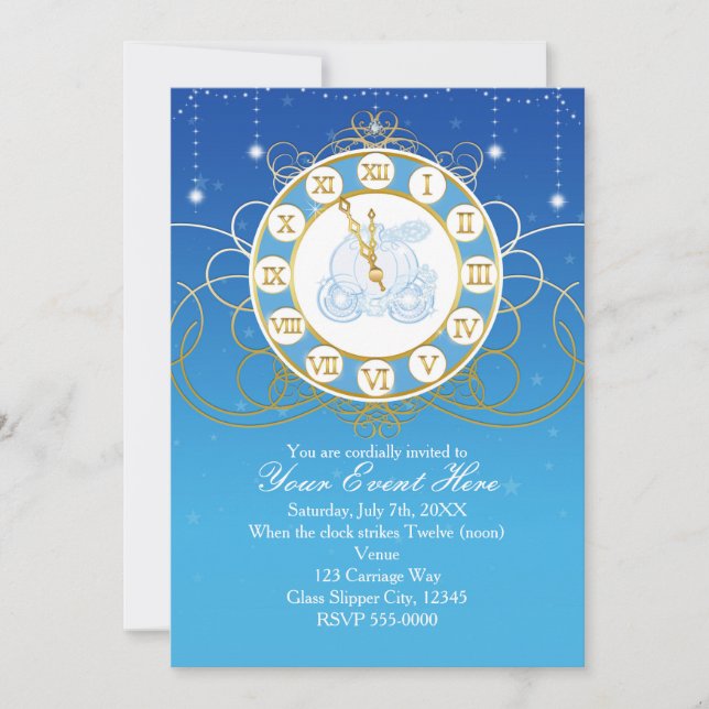 Cendrillon Presque minuit Bleu Gold Invitations (Devant)