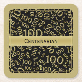 "Centenarian" Schwarz/Gold 100. Party Thema Sq Rechteckiger Pappuntersetzer
