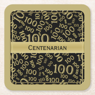 "Centenarian" Schwarz/Gold 100. Party Thema Sq Rechteckiger Pappuntersetzer