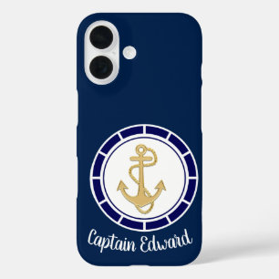 Central Golden Anchor Navy Blue Nautic iPhone 16 Hülle