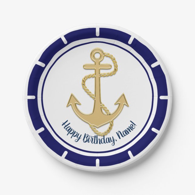 Central Golden Anchor Navy Blue Nautic Pappteller (Vorderseite)