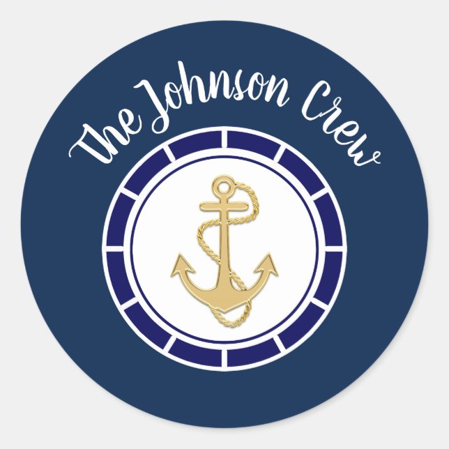 Central Golden Anchor Navy Blue Nautic Runder Aufkleber (Vorderseite)