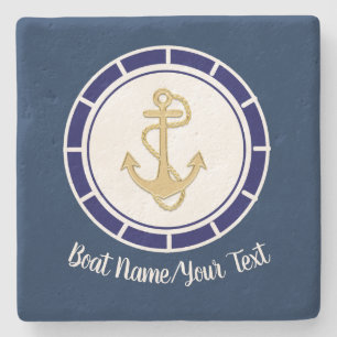 Central Golden Anchor Navy Blue Nautic Steinuntersetzer