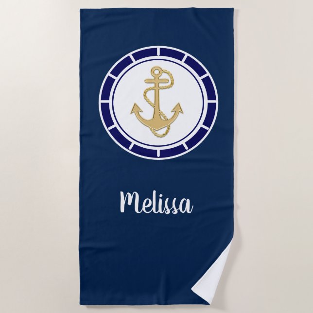 Central Golden Anchor Navy Blue Nautic Strandtuch (Vorderseite)