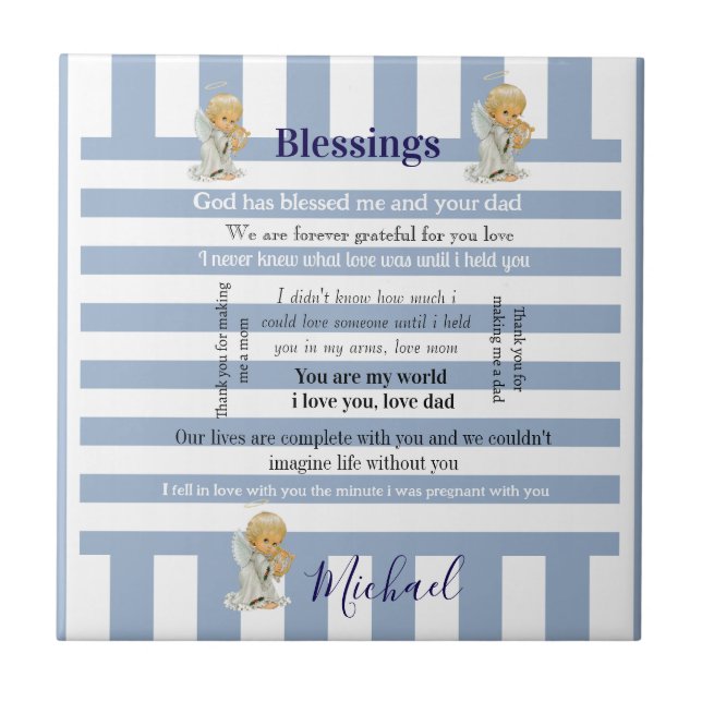 Ceramic Tile Blue & White Stripe Blessings Child Fliese (Vorderseite)