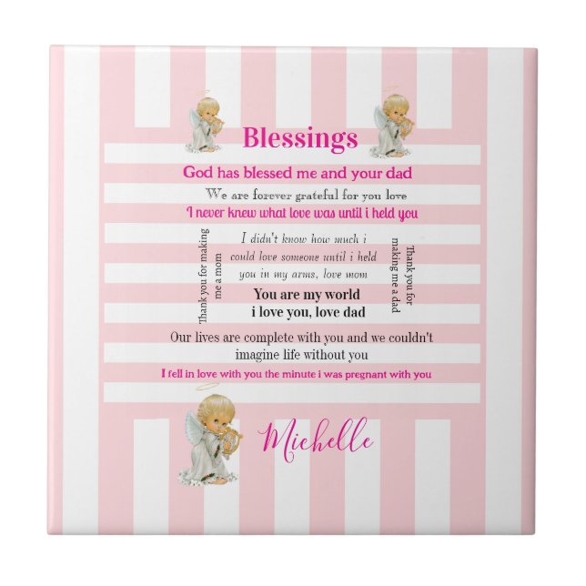 Ceramic Tile Pink & White Stripe Blessings Fliese (Vorderseite)