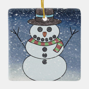 Céramique Bonhomme de neige avec fond - Ornement en céramiqu