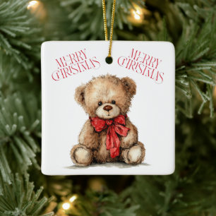 Céramique Ours en peluche avec noeud rouge Ornement joyeux