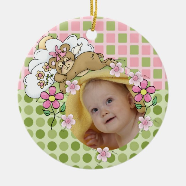 Céramique Ours en peluche rose et vert ornement de bébé (Devant)
