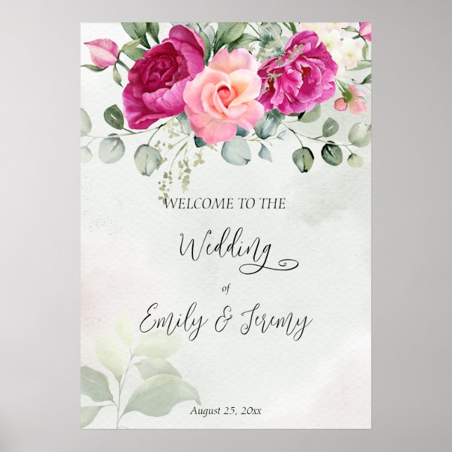 Cerea magenta peony Rose eucalyptus Begrüßungszeic Poster (Vorne)