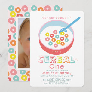 Cereal-sly One Pink Cereal Mädchen Foto 1. Geburts Einladung