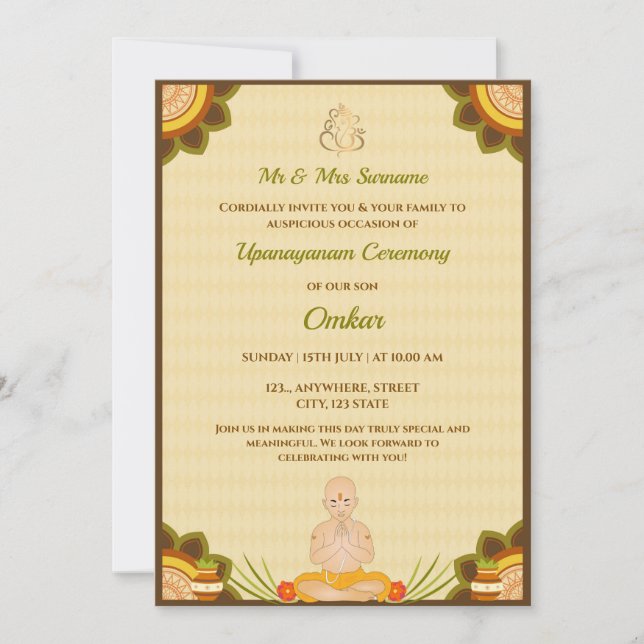 Cérémonie de l'Upanayanam Carte d'invitation, Jano (Devant)