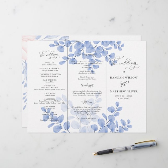 Cérémonie Feuille de Mariage botanique bleu Eucaly (Devant/Arrière en situation)