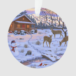 Cerf Cabine D'Hiver Dans La Scène De Noël De Neige