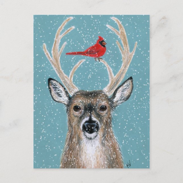 Cerf, cardinal, neige, carte postale de Noël (Devant)