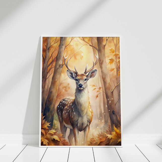 Cerf de la forêt en automne – Art mural inspiré de (Woodland Deer Autumn – Nature-Inspired Wall Art in a white wooden frame)