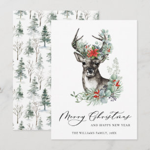 Cerf de Noël élégant Carte de vœux Poinsettia