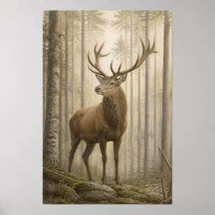 Cerf élaphe dans une forêt brumeuse - Art mural de