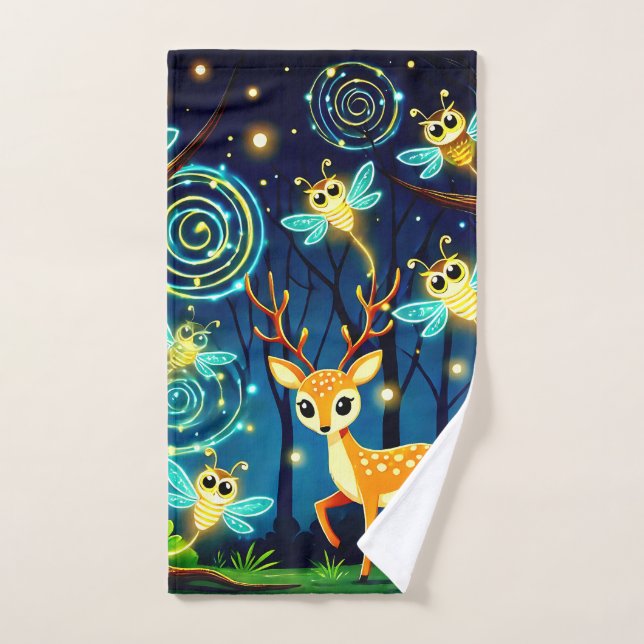 Cerf magique en forêt de lucioles (Serviette à main)