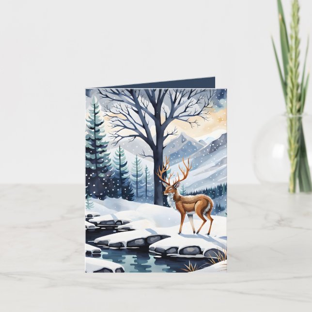 Cerf près du lac Snowy Carte de Noël avec photo pl (Devant)