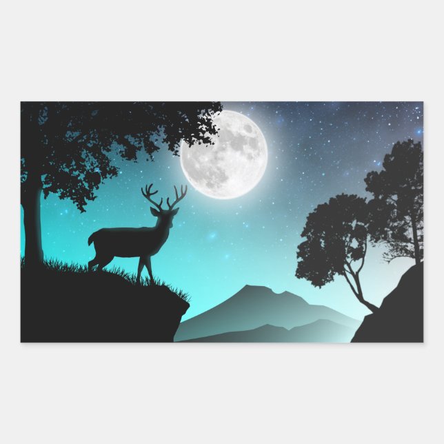 Cerf sous la lune türkis rechteckiger aufkleber (Vorderseite)