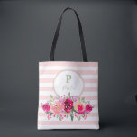 Cerine Floral Monogram on Pink Stripes Tasche<br><div class="desc">Die blass-rosa Farbtöne, das Cerise-Rosa, das Fuchsienrosa bis Marsala-Rosa, das Blumendesign in den Aquarellen auf der rosa Limonade und den weißen Streifen. Entferne weiße Streifen oder ändere die Farben der Streifen und des Hintergrunds in eine beliebige Farbe. Alle Texte, Schriftart, Farben, Größen können geändert werden, klicken Sie einfach auf die...</div>