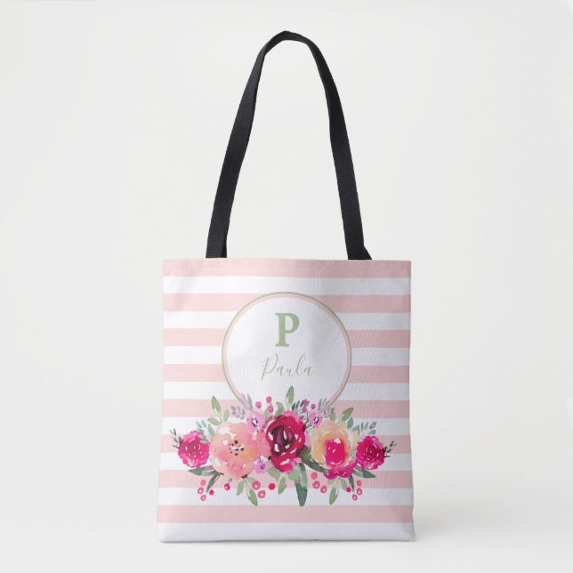 Cerine Floral Monogram on Pink Stripes Tasche (Vorderseite)