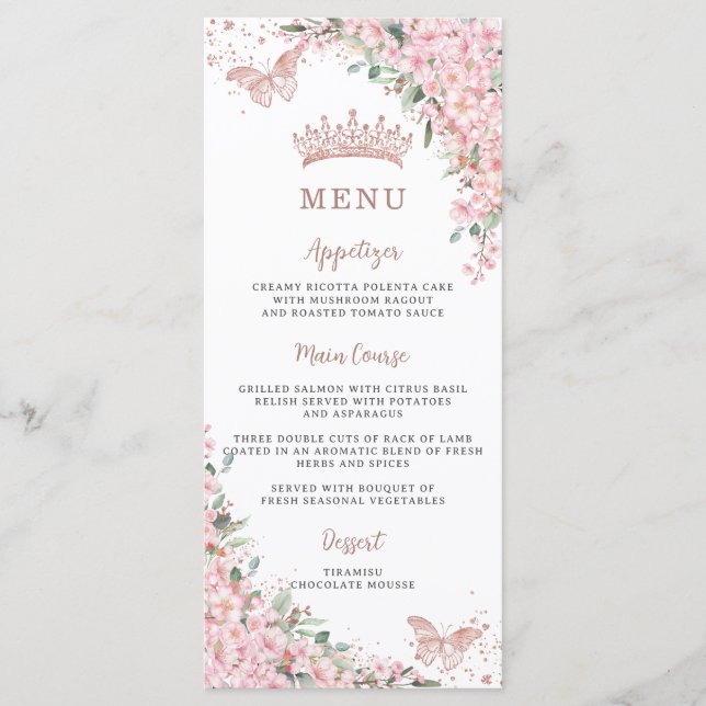 Cerise Blossoms Rose Gold Butterflies Menu mince (Devant)