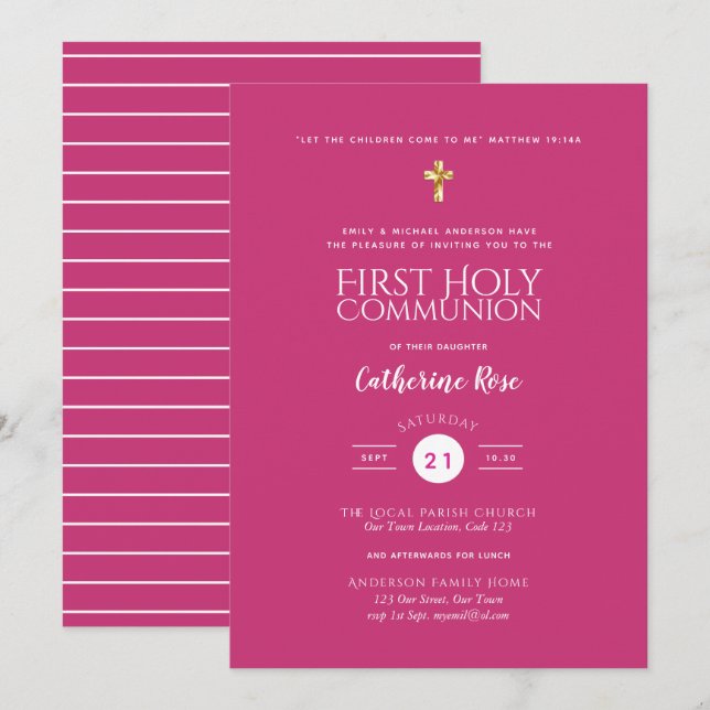 Cerise FILLES première sainte communion Invitation (Devant / Derrière)