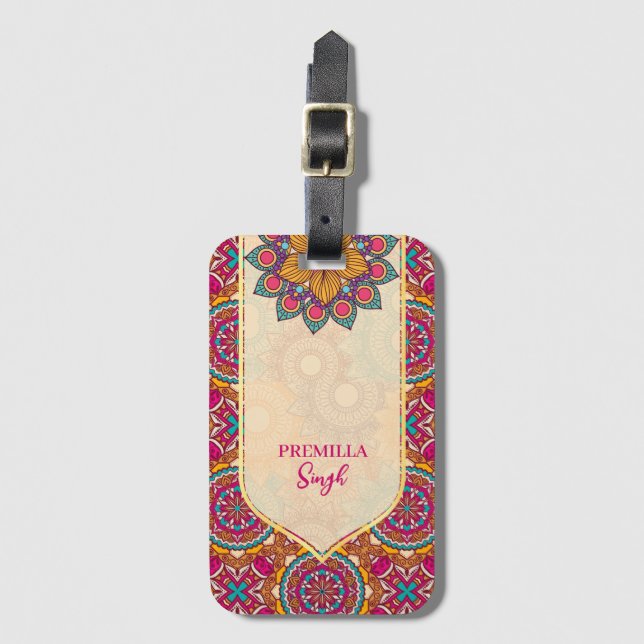 Cerise mandala rangoli ethnisches Muster lebendig Gepäckanhänger (Vorderseite Vertikal)