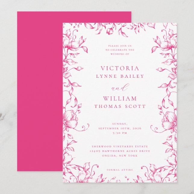 Cerise Pink Garden Floral Wedding Einladung (Vorne/Hinten)