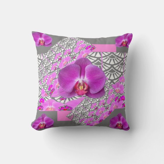 CERISE ROSA ORCHIDEEN-BLUMEN-GRAU-DEKO KISSEN (Vorderseite)