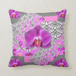 CERISE ROSA ORCHIDEEN-BLUMEN-GRAU-DEKO KISSEN