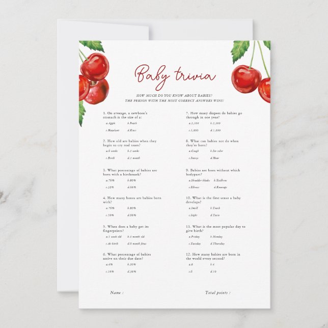 Cerise sur le dessus Baby Trivia Baby shower Carte (Devant)
