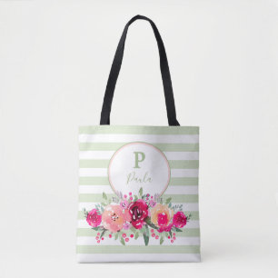 Cerise Watercolor Floral Monogram on Mint Stripes Tasche