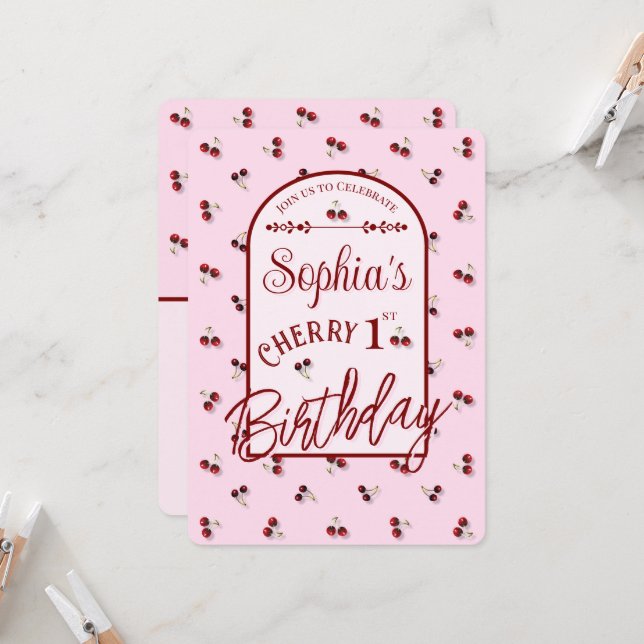 Cerises Thème Premier anniversaire Invitation (Devant/Arrière en situation)