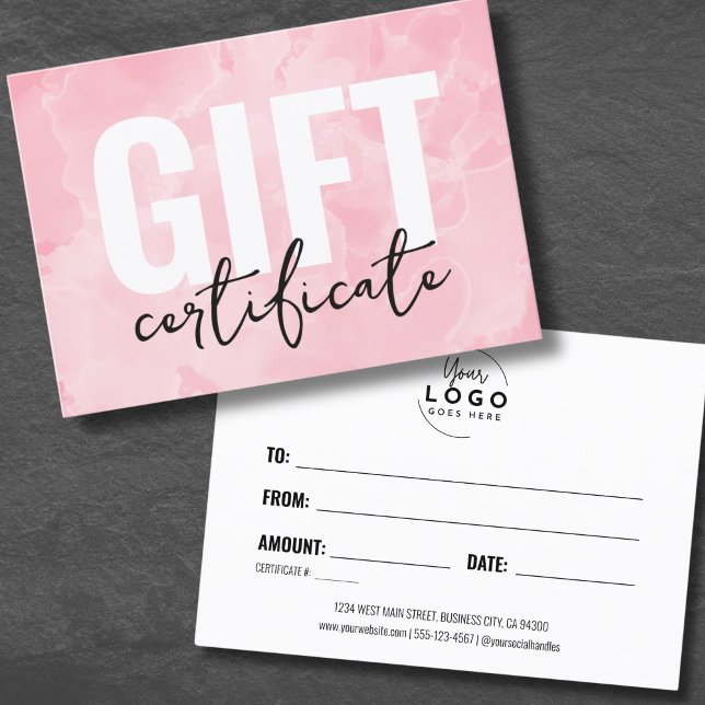 Certificat cadeau d'affaires Pink Logo (Pink Watercolor Logo Business Gift Certificate)